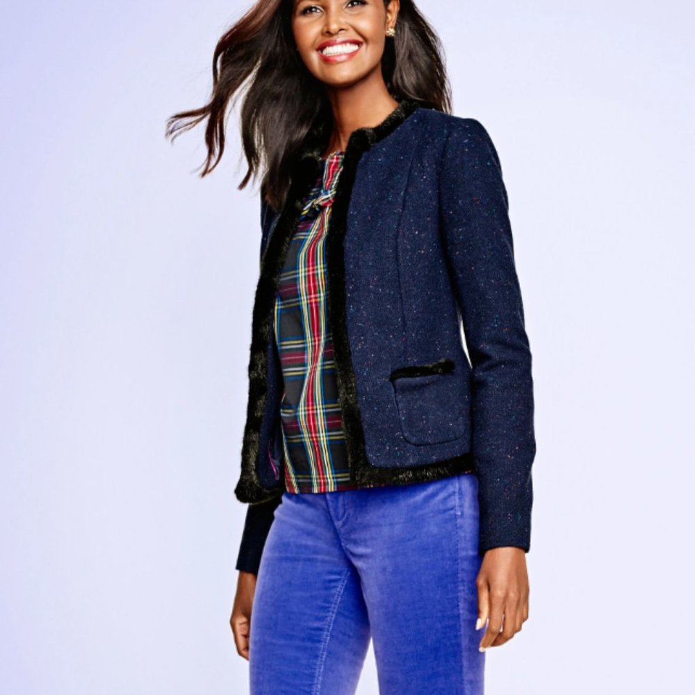 Talbots Navy Blue Wool Knit Blend Black Faux-Fur Trim Shetland Jacket Sz 8P